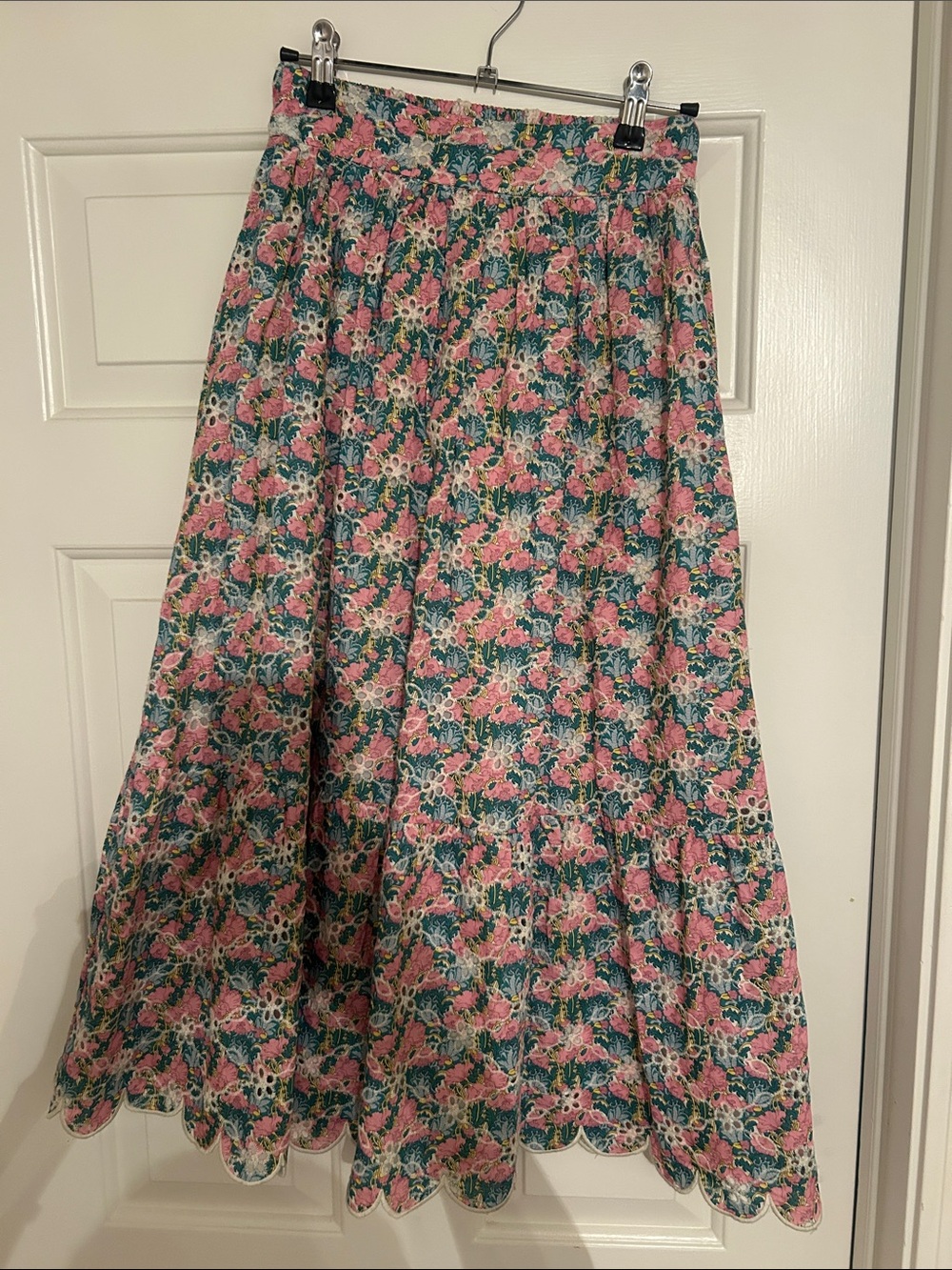 Hyacinth House Floral Pink & Green A-Line Midi Skirt with Scalloped Hem